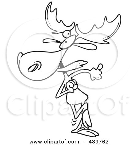 Royalty-Free (RF) Clip Art Illustration of a Cartoon Black And White Outline Design Of A Happy Dancing Moose by toonaday