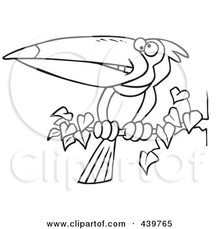 Royalty-Free (RF) Clip Art Illustration of a Cartoon Black And White Outline Design Of An Exotic Toucan Perched On A Branch by toonaday