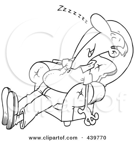 Royalty-Free (RF) Clip Art Illustration of a Cartoon Black And White Outline Design Of An Exhausted Man Sleeping In An Arm Chair by toonaday