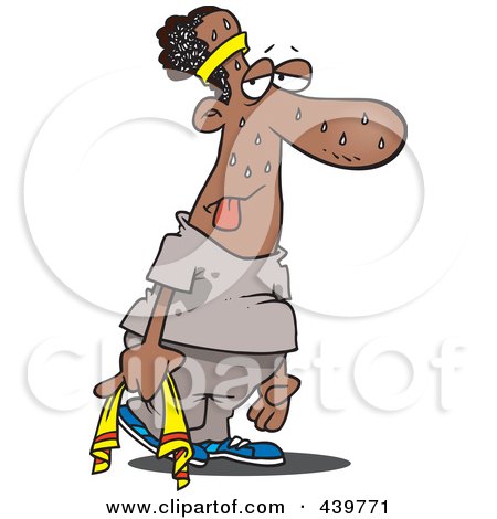 Royalty-Free (RF) Clip Art Illustration of a Cartoon Black And White Outline Design Of An Exhausted Black Man Sweaty After A Work Out by toonaday