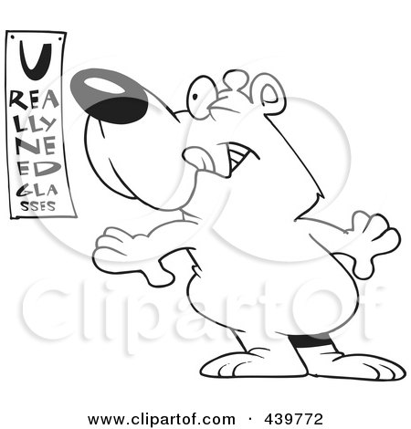 Royalty-Free (RF) Clip Art Illustration of a Cartoon Black And White Outline Design Of A Bear Reading An Eye Chart by toonaday