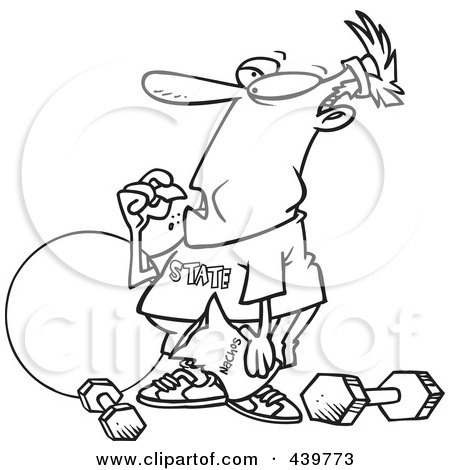 Royalty-Free (RF) Clip Art Illustration of a Cartoon Black And White Outline Design Of A Man Bingeing Instead Of Exercising by toonaday
