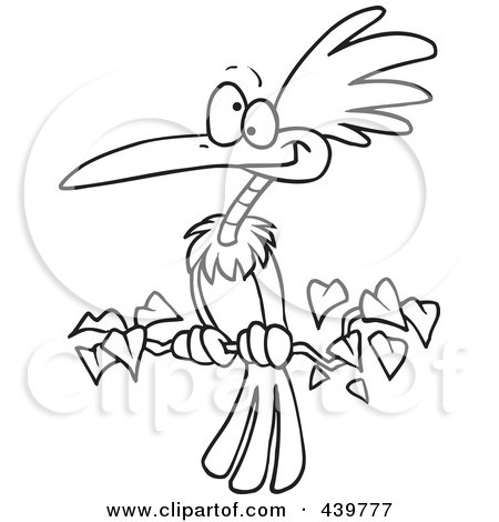 Royalty-Free (RF) Clip Art Illustration of a Cartoon Black And White Outline Design Of An Exotic Bird Perched On A Branch by toonaday