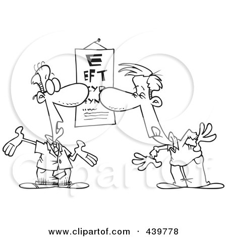 Royalty-Free (RF) Clip Art Illustration of a Cartoon Black And White Outline Design Of A Man Reading An Eye Chart by toonaday