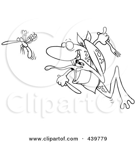 Royalty-Free (RF) Clip Art Illustration of a Cartoon Black And White Outline Design Of A Frog Chasing A Bug With A Fork And Knife by toonaday