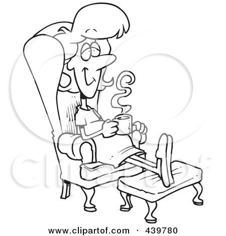 Royalty-Free (RF) Clip Art Illustration of a Cartoon Black And White Outline Design Of A Pregnant Woman Relaxing In A Chair With A Warm Beverage by toonaday