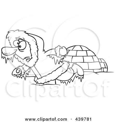 Royalty-Free (RF) Clip Art Illustration of a Cartoon Black And White Outline Design Of A Frozen Eskimo Near An Igloo by toonaday