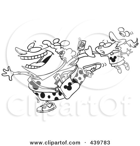 Royalty-Free (RF) Clip Art Illustration of a Cartoon Black And White Outline Design Of An Enthusiastic Mother Dragging Her Daughter Around A Theme Park by toonaday