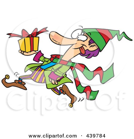 Royalty-Free (RF) Clip Art Illustration of a Cartoon Christmas Elf Running With A Gift by toonaday