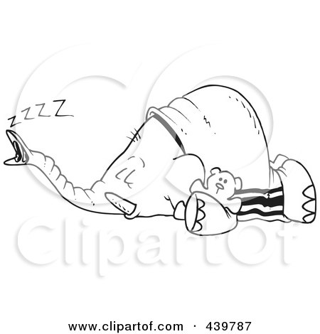 Royalty-Free (RF) Clip Art Illustration of a Cartoon Black And White Outline Design Of A Sleeping Elephant by toonaday