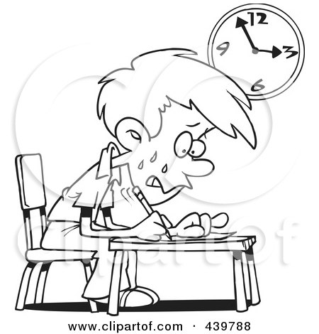 Royalty-Free (RF) Clip Art Illustration of a Cartoon Black And White Outline Design Of A Stressed School Boy Taking An Exam by toonaday