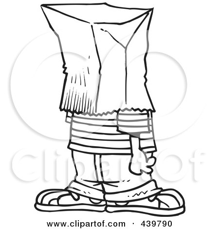 Royalty-Free (RF) Clip Art Illustration of a Cartoon Black And White Outline Design Of An Embarrassed Boy With A Bag On His Head by toonaday