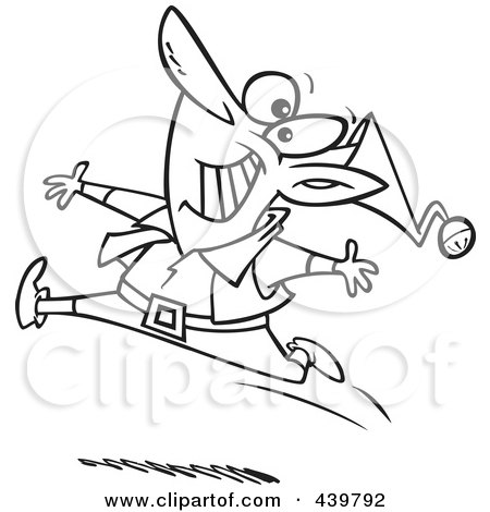 Royalty-Free (RF) Clip Art Illustration of a Cartoon Black And White Outline Design Of A Chritmas Elf Dancing by toonaday