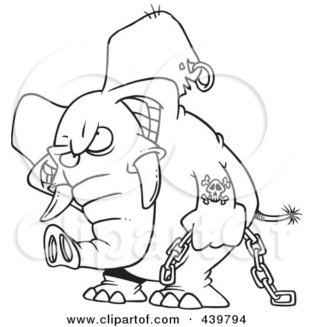 Royalty-Free (RF) Clip Art Illustration of a Cartoon Black And White Outline Design Of An Evil Elephant Carrying A Chain by toonaday