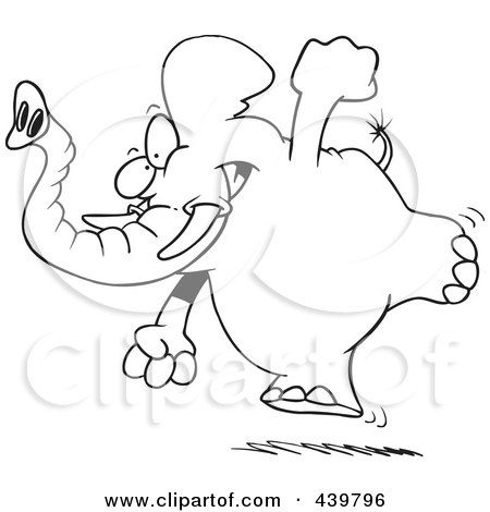 Royalty-Free (RF) Clip Art Illustration of a Cartoon Black And White Outline Design Of A Running Elephant by toonaday