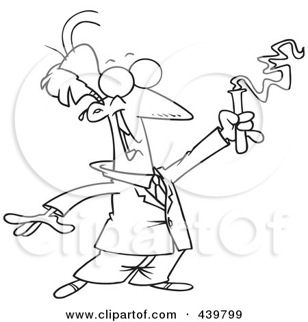 Royalty-Free (RF) Clip Art Illustration of a Cartoon Black And White Outline Design Of A Successful Scientist Holding Up A Test Tube by toonaday
