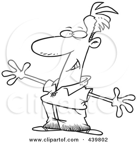 Royalty-Free (RF) Clip Art Illustration of a Cartoon Black And White Outline Design Of A Man Exaggerating With His Arms by toonaday