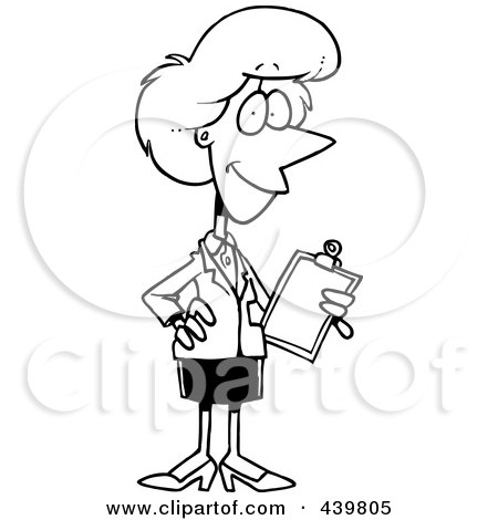 Royalty-Free (RF) Clip Art Illustration of a Cartoon Black And White Outline Design Of A Female Executive Holding A Clipboard by toonaday