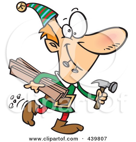 Royalty-Free (RF) Clip Art Illustration of a Cartoon Christmas Elf Carrying Lumber And A Hammer by toonaday