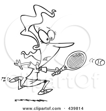 Royalty-Free (RF) Clip Art Illustration of a Cartoon Black And White Outline Design Of A Woman Chasing An Elusive Tennis Ball by toonaday