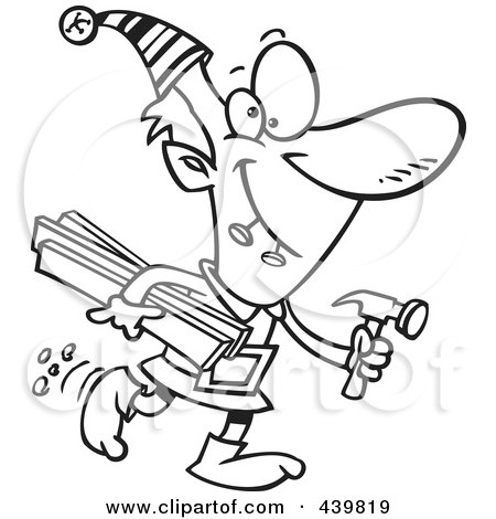Royalty-Free (RF) Clip Art Illustration of a Cartoon Black And White Outline Design Of A Christmas Elf Carrying Lumber And A Hammer by toonaday