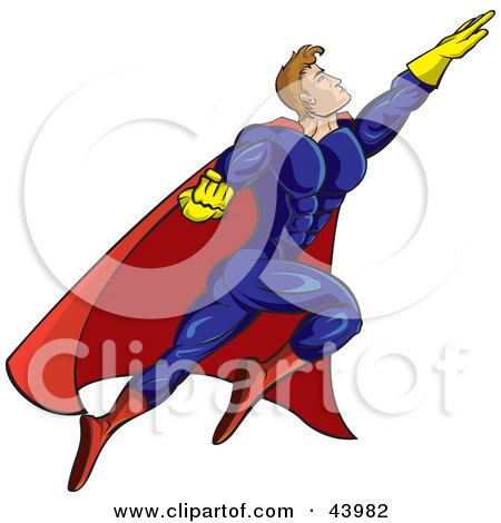 Clipart Illustration of a Strong Flying Male Super Hero In A Blue, Yellow And Red Uniform by Paulo Resende