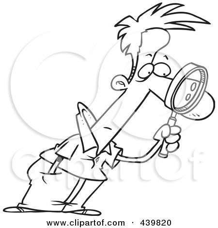 Royalty-Free (RF) Clip Art Illustration of a Cartoon Black And White Outline Design Of A Man Leaning Forward And Examining With A Magnifying Glass by toonaday