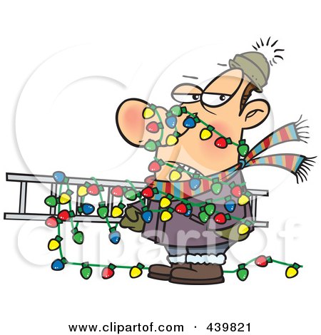 Royalty-Free (RF) Clip Art Illustration of a Cartoon Man Tangled In Christmas Lights, Carrying A Ladder by toonaday