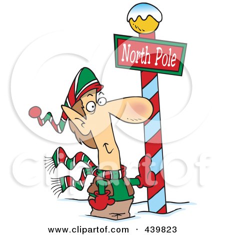 Royalty-Free (RF) Clip Art Illustration of a Cartoon Christmas Elf Leaning Against A North Pole Post by toonaday
