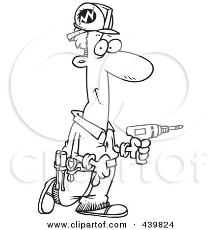 Royalty-Free (RF) Clip Art Illustration of a Cartoon Black And White Outline Design Of A Male Electrician Carrying A Drill by toonaday