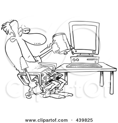 Royalty-Free (RF) Clip Art Illustration of a Cartoon Black And White Outline Design Of A Man Holding A Coffee Mug Upside Down In Front Of A Computer by toonaday
