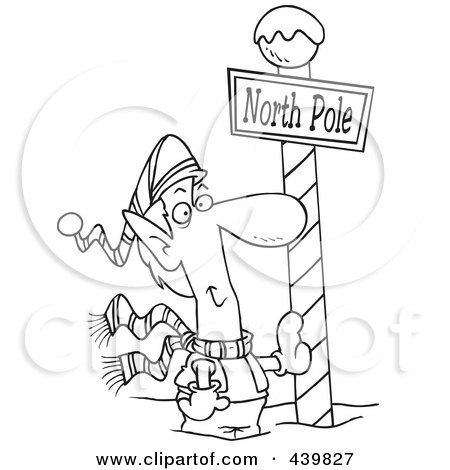 Royalty-Free (RF) Clip Art Illustration of a Cartoon Black And White Outline Design Of A Christmas Elf Leaning Against A North Pole Post by toonaday