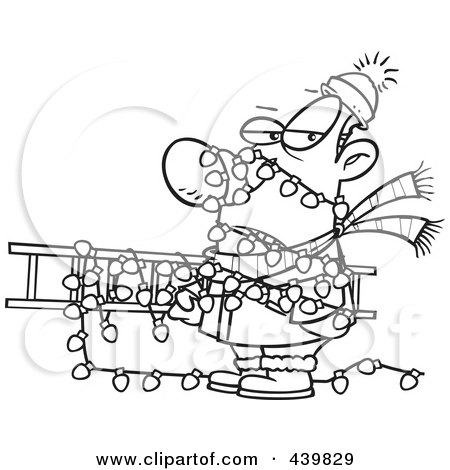 Royalty-Free (RF) Clip Art Illustration of a Cartoon Black And White Of A Man Tangled In Christmas Lights, Carrying A Ladder by toonaday