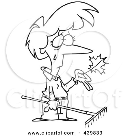 Royalty-Free (RF) Clip Art Illustration of a Cartoon Black And White Outline Design Of A Sad Woman Raking Autumn Leaves by toonaday