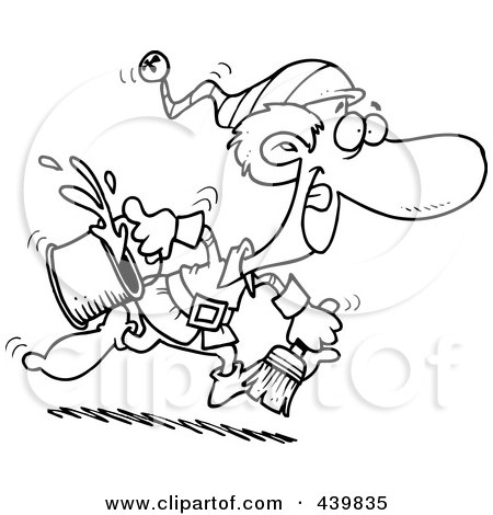 Royalty-Free (RF) Clip Art Illustration of a Cartoon Black And White Outline Design Of A Christmas Elf Running With Paint by toonaday