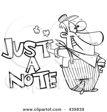 Royalty-Free (RF) Clip Art Illustration of a Cartoon Black And White Outline Design Of An Engineer Leaning On Just A Note Text by toonaday