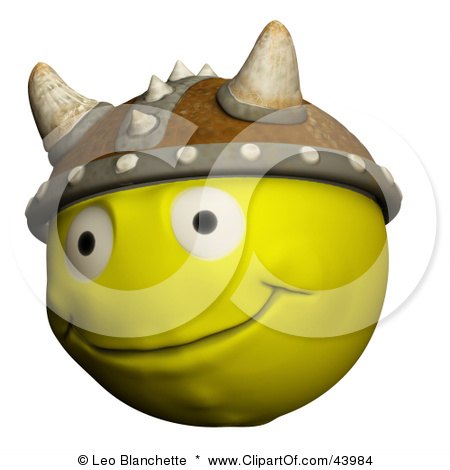 Clipart Illustration of a Happy Yellow 3d Viking Smiley Face Wearing A Horned Helmet by Leo Blanchette