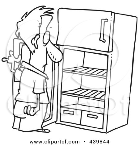 Royalty-Free (RF) Clip Art Illustration of a Cartoon Black And White Outline Design Of A Man Staring In An Empty Fridge by toonaday