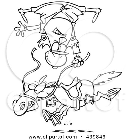 Royalty-Free (RF) Clip Art Illustration of a Cartoon Black And White Outline Design Of A Horse Throwing A Rider by toonaday