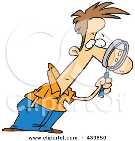 Royalty-Free (RF) Clip Art Illustration of a Cartoon Man Leaning Forward And Examining With A Magnifying Glass by toonaday