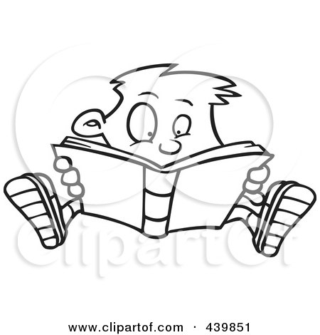 Royalty-Free (RF) Clip Art Illustration of a Cartoon Black And White Outline Design Of An Enthralled Boy Reading A Book by toonaday