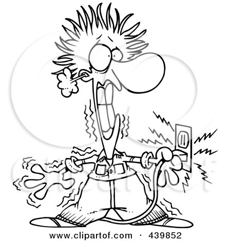 Royalty-Free (RF) Clip Art Illustration of a Cartoon Black And White Outline Design Of An Electrician Being Electrocuted by toonaday