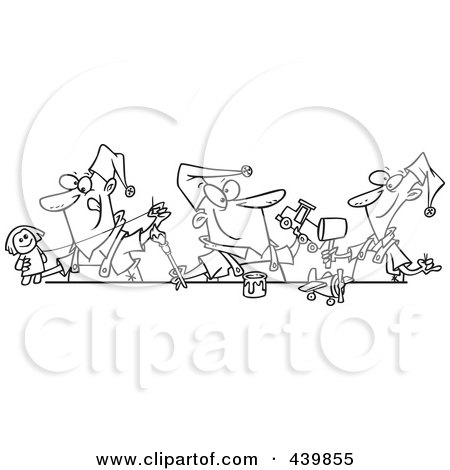 Royalty-Free (RF) Clip Art Illustration of a Cartoon Black And White Outline Design Of Three Christmas Elves Making Toys by toonaday
