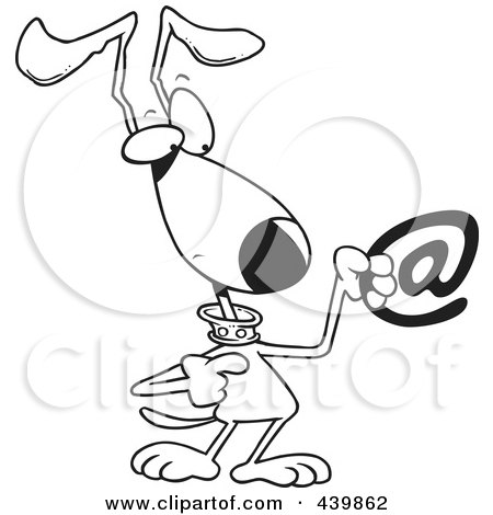 Royalty-Free (RF) Clip Art Illustration of a Cartoon Black And White Outline Design Of A Dog Pointing To An Email Symbol by toonaday