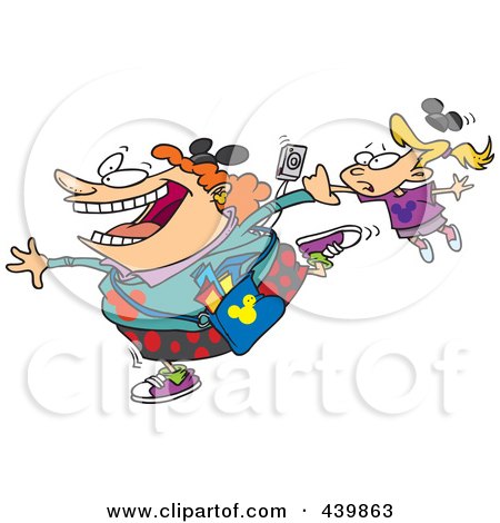 Royalty-Free (RF) Clip Art Illustration of a Cartoon Enthusiastic Mother Dragging Her Daughter Around A Theme Park by toonaday