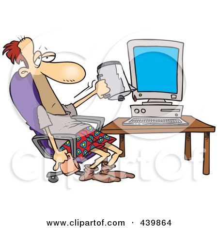 Royalty-Free (RF) Clip Art Illustration of a Cartoon Man Holding A Coffee Mug Upside Down In Front Of A Computer by toonaday