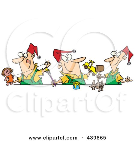 Royalty-Free (RF) Clip Art Illustration of Cartoon Three Christmas Elves Making Toys by toonaday