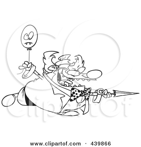 Royalty-Free (RF) Clip Art Illustration of a Cartoon Black And White Outline Design Of An Evil Clown With A Balloon And Sharp Umbrella by toonaday