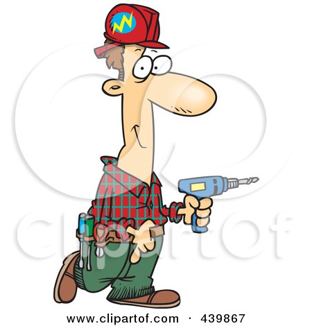 Royalty-Free (RF) Clip Art Illustration of a Cartoon Male Electrician Carrying A Drill by toonaday