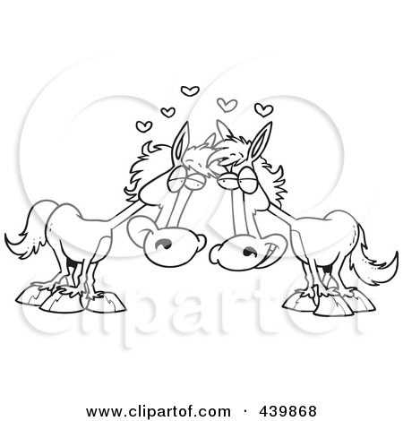 Royalty-Free (RF) Clip Art Illustration of a Cartoon Black And White Outline Design Of A Horse Pair In Love by toonaday